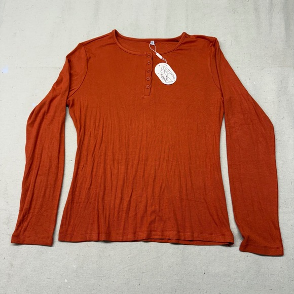 Unbranded Tops - Womens Burnt Orange Ribbed Long Sleeve Henley Top XL HF-000034